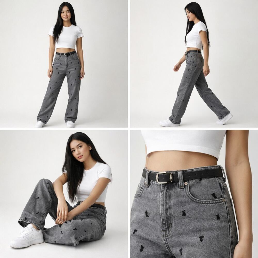 PacSun Playboy Gray Denim Straight Jeans Logo Embroidered Women's
